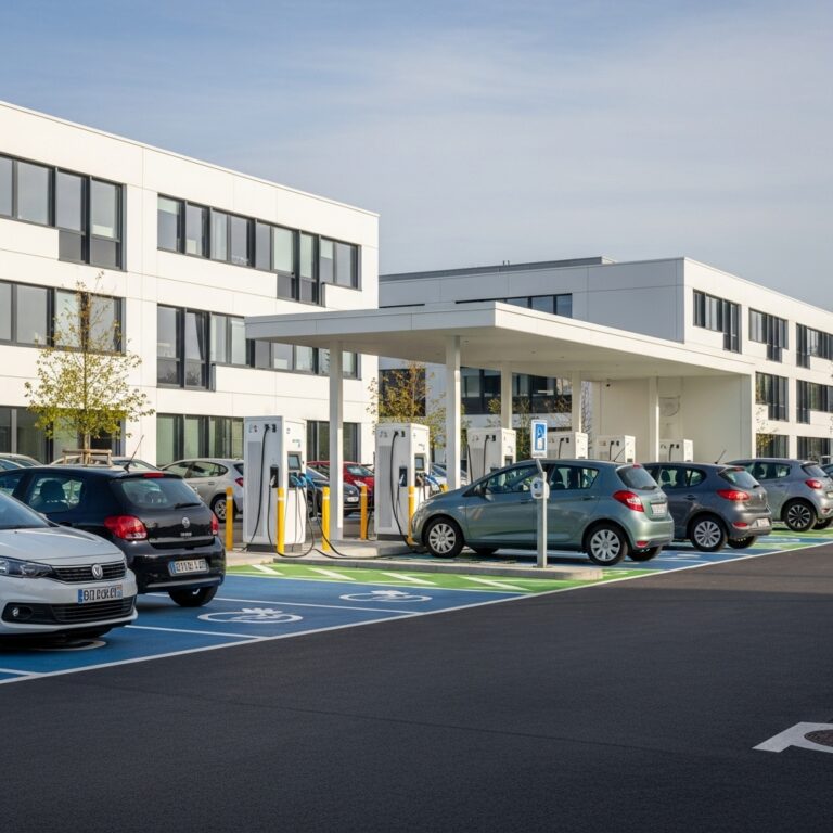 Installation d'une borne de recharge pour véhicule électrique sur un parking d'entreprise moderne.